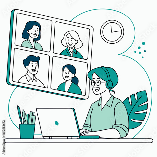 Remote team video conference vector flat design