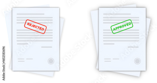 Approved and rejected document. Clipboard with document, red rejected and green approved stamp. Flat vector illustration