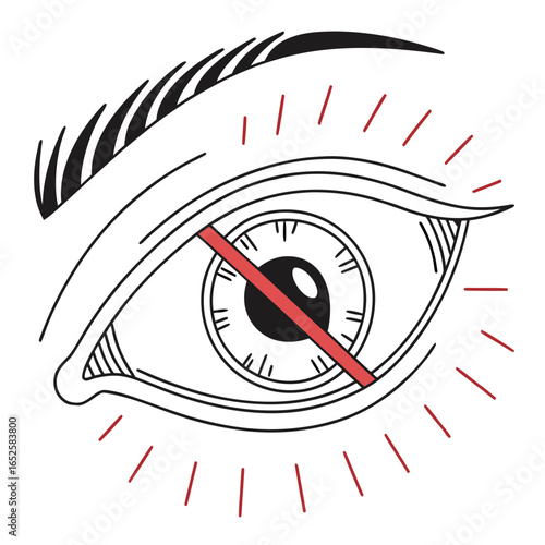 Illustration of an eye with a red line across it, symbolizing blindness or vision impairment isolated on white background