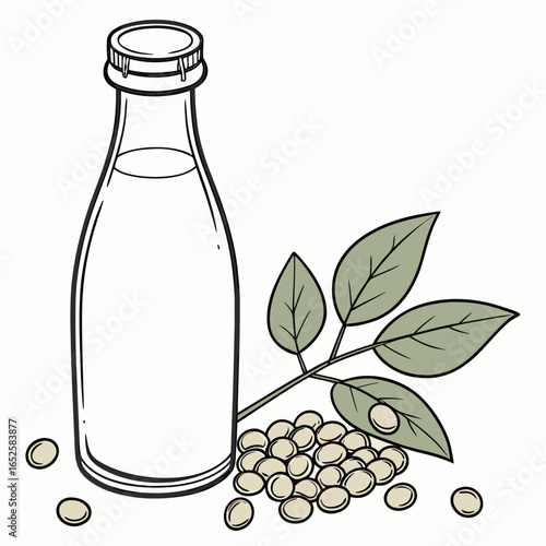 Illustration of soy milk bottle with soy beans and leaves isolated on white background, a healthy and nutritious vegan alternative drink