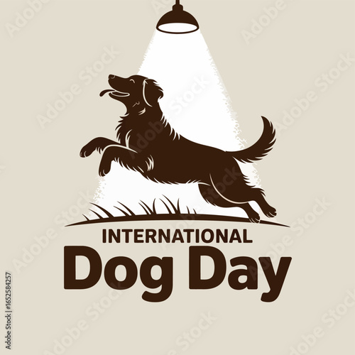 International Dog Day Celebration with Leaping Dog Silhouette and Retro Design