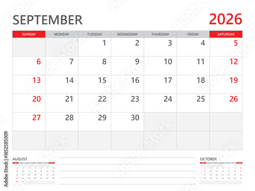 September 2026 year - Calendar 2026 template, planner design, week start on Sunday. Desk calendar 2026 design, simple and clean design, Wall calendar, Corporate design planner template vector
