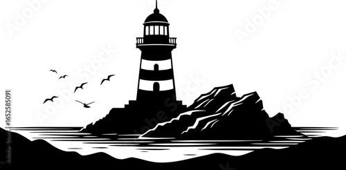 Lighthouse on rocky island with birds vector illustration