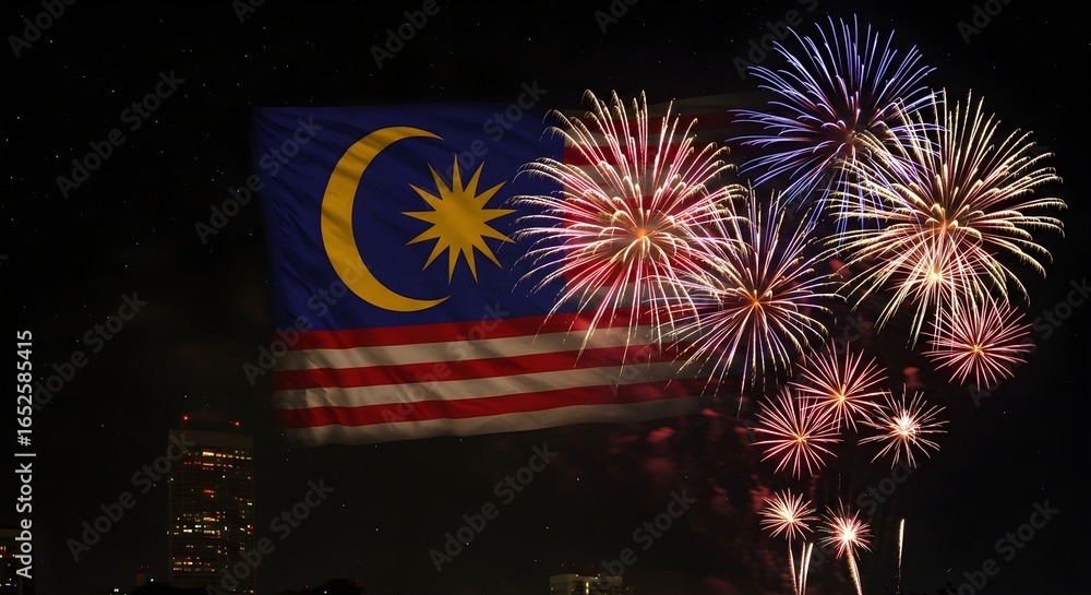 Naklejka premium Vibrant fireworks display on Malaysia Independence Day against a dark night sky with the Malaysian flag