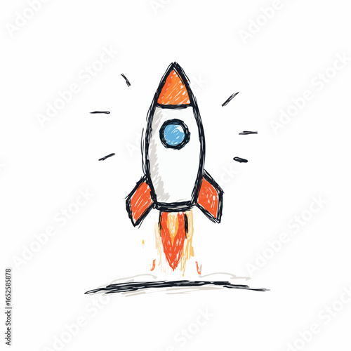 Hand drawn rocket ship launching into space with fire and smoke
