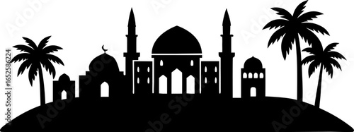 Silhouette of a Mosque with Palm Trees