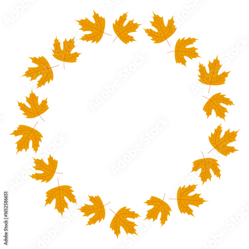 Autumn golden yellow maple leaves wreath. Circle frame template for greeting cards or prints. Cozy flat illustration.