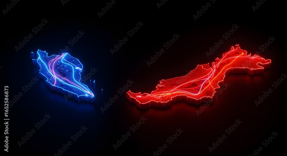 Fototapeta premium Glowing blue and red neon map of Malaysia on black background, celebrating Malaysia Independence Day with patriotic colors.