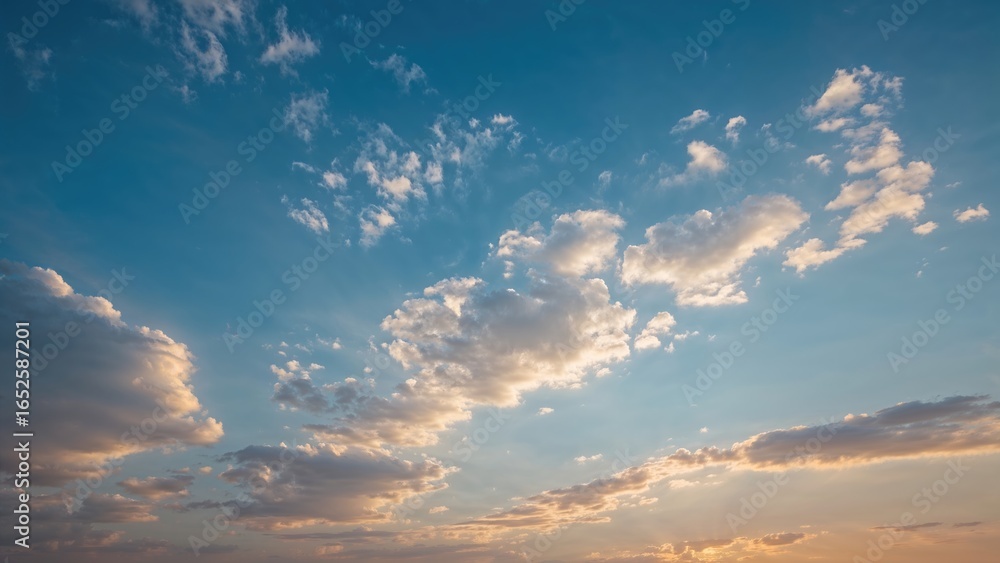 Fototapeta premium Twilight sky setting with blue clouds, nature-themed background for banners and covers, high-quality illustration