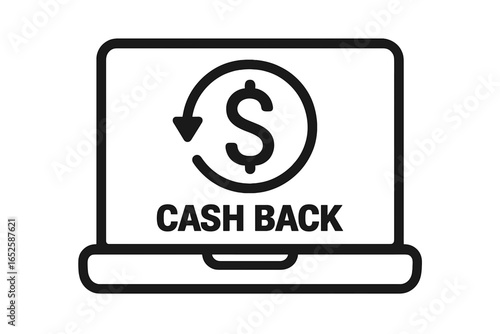 Cash back vector icon. Money refund service on laptop. Online shopping reward program. Financial bonus, digital payment, e-commerce loyalty offer. Cashback symbol concept.
