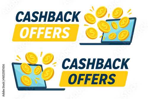 Cashback offers vector banner. Money refund loyalty program for online shopping. Gold coins with dollar signs flying out of laptop. E-commerce reward and bonus concept.