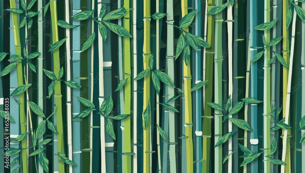 Fototapeta premium Vertical bamboo poles with green leaves and stripes pattern