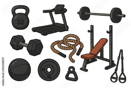 Fitness equipment vector illustration set for gym workout. Dumbbell, barbell, kettlebell, treadmill, and weight bench icons. Strength training and bodybuilding objects.