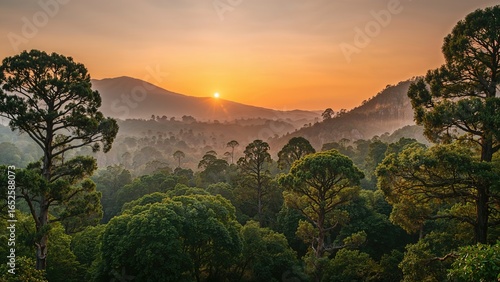 Sunlight casting warm tones on a tranquil mountain woodland