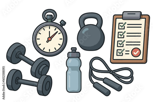 Workout gear and fitness equipment icon set. Dumbbell, kettlebell, jump rope, stopwatch, and checklist for gym training plan. Healthy lifestyle vector illustration.