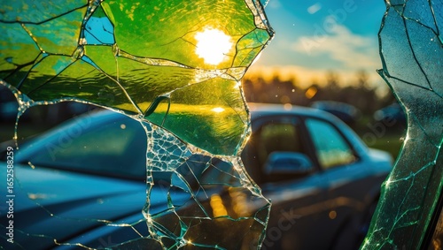 Light shining through fractured multicolored car windows