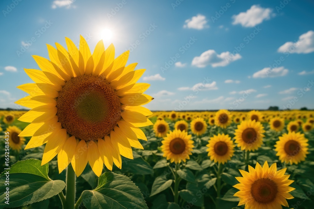 Fototapeta premium A sea of sunflowers stretching under the clear sky