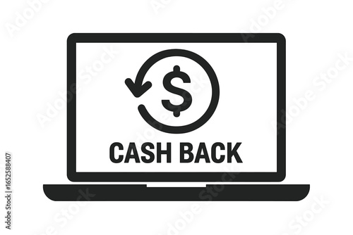 Cash back service vector icon on laptop screen. Money refund concept for online shopping. E-commerce reward program symbol. Financial bonus and loyalty points illustration.