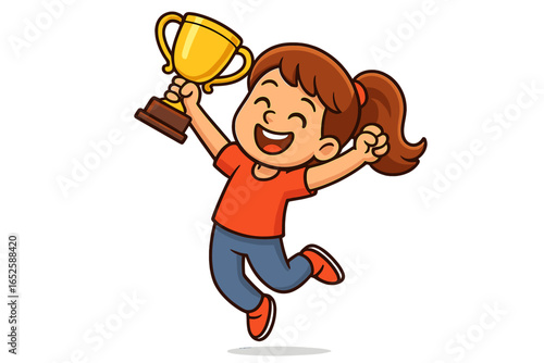 Happy girl jumping with gold trophy cup. Winner celebration. Cute cartoon character celebrating success. Victory and achievement concept. Vector illustration for kids.