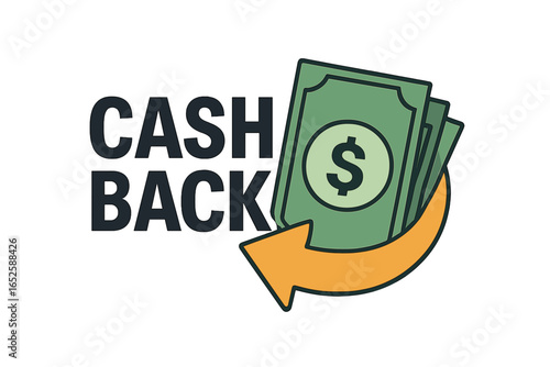 Cash back service icon. Money refund, return program concept. Financial reward or rebate symbol. Dollar banknotes with arrow. Vector illustration for promotion, sticker, logo.