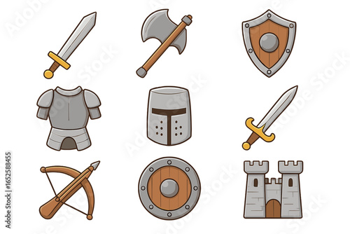 Medieval icon collection. Knight armor, helmet, sword, shield, axe, crossbow, castle icons. Flat cartoon vector set for fantasy RPG game assets. Middle ages historical design.