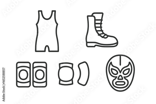 Wrestling gear and Lucha Libre equipment line icon set. Vector symbols of a luchador mask, singlet, boots, and knee pads for professional combat sports and entertainment.