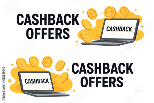 Cashback offers vector banners with flying coins and laptop. Money refund program concept. Online shopping reward, financial bonus, digital payment promotion illustration.