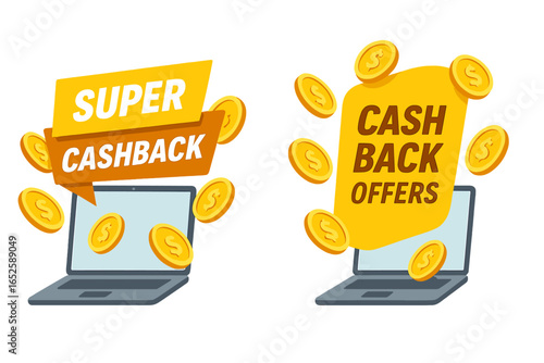 Cashback offer vector banners. Online shopping money back reward program. E-commerce promotion with laptop and flying gold coins. Financial savings and bonus concept illustration.