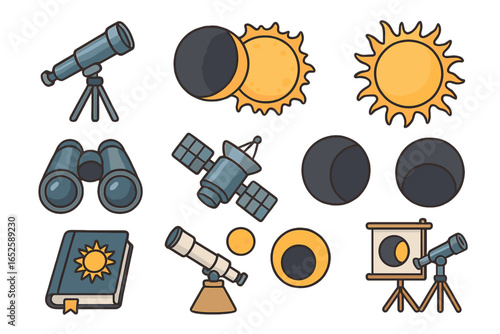 Astronomy icon set for observing solar eclipse. Vector cartoon collection of telescope, binoculars, satellite, sun, moon phases. Science and stargazing equipment isolated.