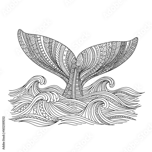 Intricate whale tail illustration emerging from patterned waves in black and white style design