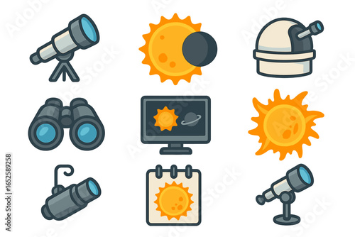 Astronomy icon set for observing celestial events. Vector cartoon collection with telescope, observatory, solar eclipse, sun, and binoculars for science and education.