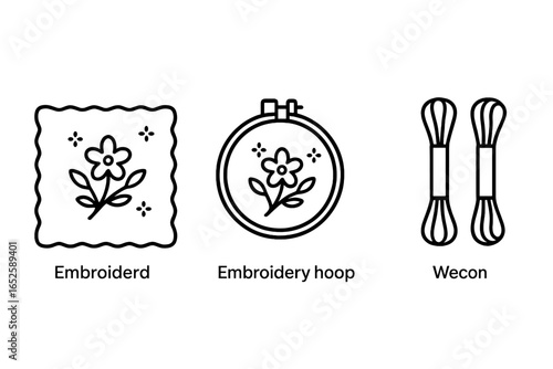 Embroidery line icon set. Needlework and sewing hobby concept. Vector collection with embroidered flower on handkerchief, embroidery hoop frame, and floss thread skeins.