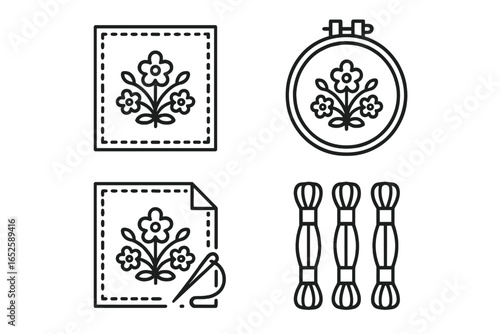Embroidery icon set with handkerchief, hoop, needle, and floss. Outline vector illustration for handmade crafts, sewing, and needlework. Hobby and textile concept.