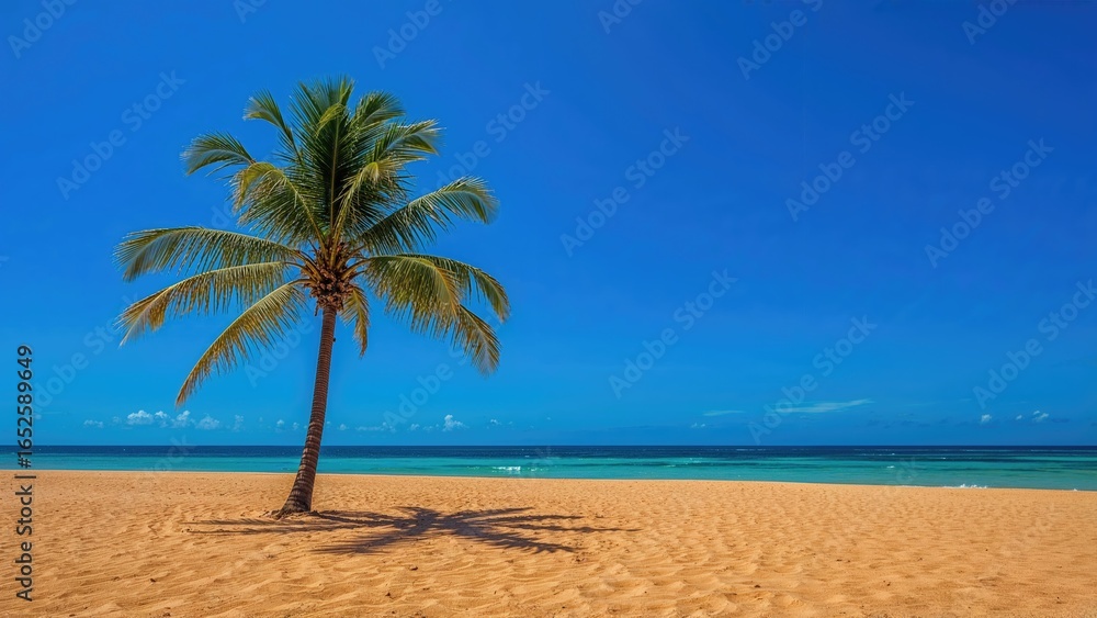 Obraz premium Sunshine inspired image with palm tree shade over a vivid blue canvas