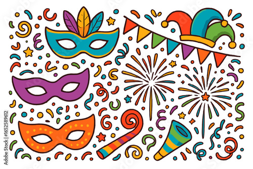 Festive Carnival Celebration Elements: Masks, Confetti, Fireworks, Banners, and Party Horns. Colorful Vector Cartoon Illustration
