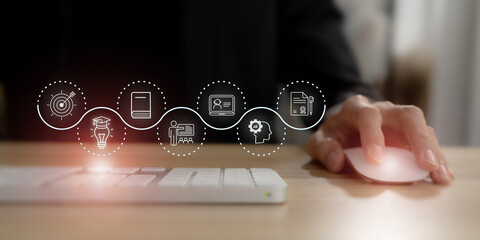 AI powered personalized E-Learning concept. Digital transformation of education through personalized E-Learning by AI and machine learning. Online education, skill development and graduation.