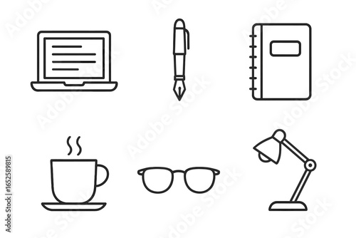 Workspace line icon set. Writing desk essentials for business, study, or home office. Includes laptop, pen, notebook, coffee, glasses, desk lamp. Simple vector symbols.