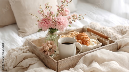 Breakfast in bed tray with beige linen and soft pink flowers