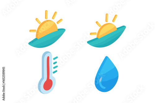 Set of 3D weather forecast icons. Sun, thermometer, and rain drop symbols. Meteorology graphic elements. Simple climate signs for app UI UX. Vector illustration pack.