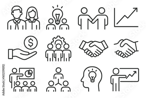 Business and teamwork line icon collection. Concepts for collaboration, finance, partnership, growth, startup idea, investment, and presentation. Simple vector pictogram set.