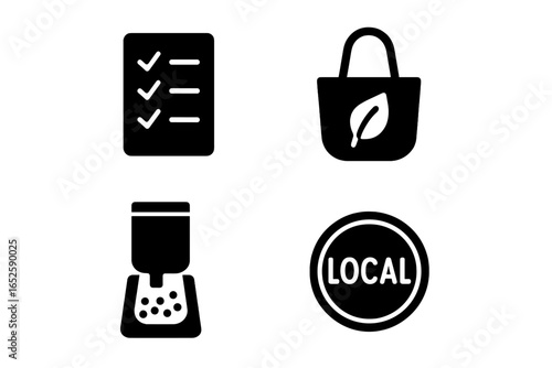 Eco shopping solid glyph icon set. Responsible and sustainable grocery shopping concepts. Vector icons of a shopping list, reusable tote bag, bulk food bin, and buy local.