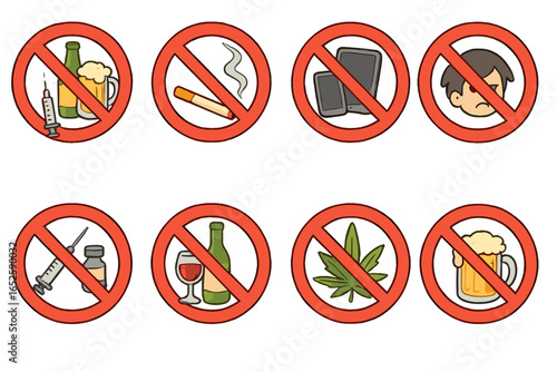 Collection of prohibition signs for bad habits. No drugs, alcohol, smoking. Stop addiction icon set. Forbidden substance and behavior vector cartoon. Public awareness.