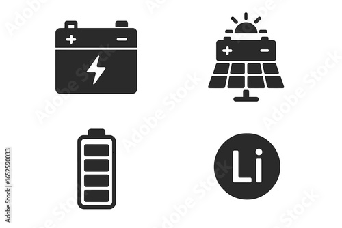 Energy storage solid icon set. Battery pack, solar panel power, and lithium Li ion symbol collection. Car accumulator, charge level indicator. Renewable energy vector icons.