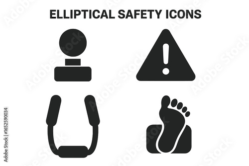 Elliptical trainer safety icons set. Fitness machine warning symbols. Gym workout and cardio exercise user guide pictograms. Vector illustration for health and sport equipment.