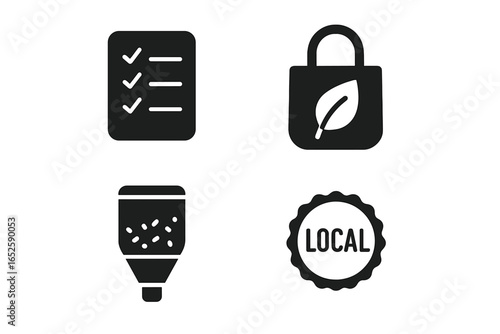 Eco shopping icons set. Solid glyph vector illustration for responsible grocery shopping. Includes list, reusable tote bag, bulk bin, and local product label concepts.