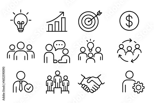 Business and teamwork line icon set. Icons for collaboration, financial growth, strategy, and success. Vector concepts for management, communication, startup ideas, and goals.