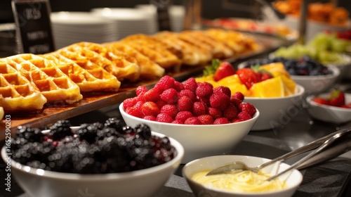 Buffet-style brunch with waffle station (golden yellows) and berry toppings (vibrant reds)