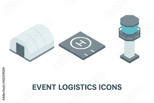 Isometric event logistics icon set with airport infrastructure elements. Vector illustration of a temporary hangar, helipad landing pad, and air traffic control tower.