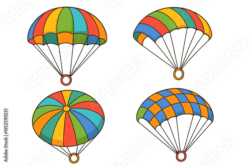 Colorful parachute set. Vector cartoon icons of parachutes with vibrant patterns. Skydiving, paragliding, and air sports concept. Isolated graphic elements for design.