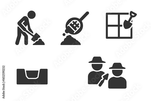 Archaeology excavation icon set. Solid glyph pictograms of digging, sifting soil for artifacts, site grid, trench, and archaeologist team. History and science concept.